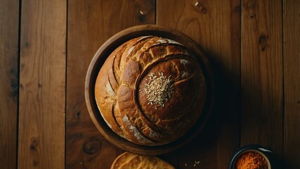 Fototapeta premium aesthetic preparation of anadama bread on a wooden table background