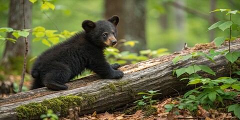 Obraz premium Adorable black bear cub sitting on a log in the forest, wildlife, nature, young, mammal, animal, cute, furry, baby, outdoor