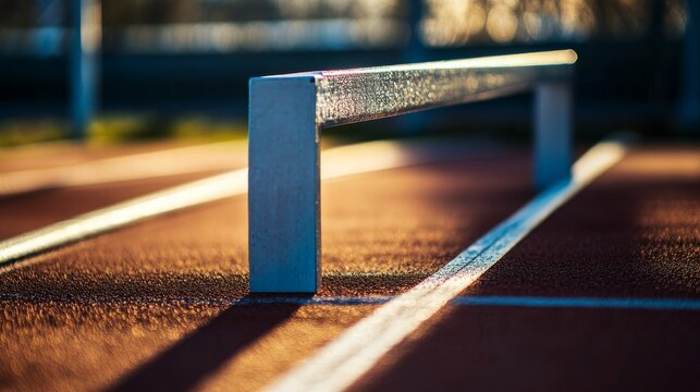 A track and field's hurdle with close-up view of the hurdle's bar and base, outdoor setting with bright afternoon light, Dynamic style