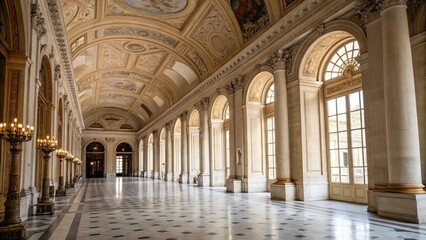 Palace interior with grand columns and ornate detailing in elegant hall, palace, interior, background, columns, hall