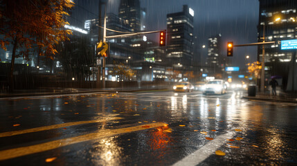 rainy city night scene featuring pedestrian crossing, illuminated traffic lights, and reflections on wet streets. atmosphere is vibrant yet moody, capturing urban life