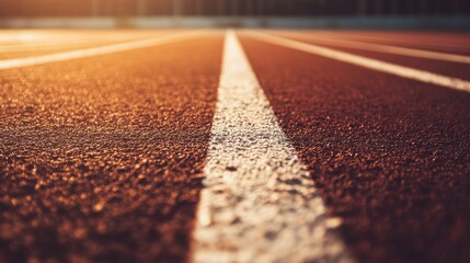 A track and field's starting line with detailed view of the painted line and surrounding track surface, outdoor setting with soft sunlight, Sharp style