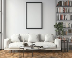 Modern living room with a white sectional sofa. a coffee table. a bookshelf. and a large blank frame on the wall