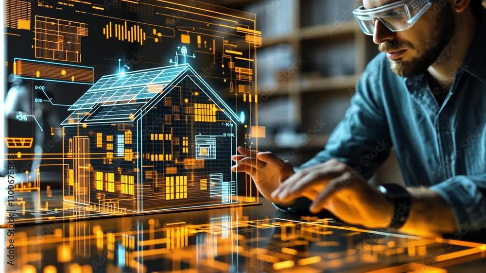 Poster professional working on a futuristic building design using digital interface technology