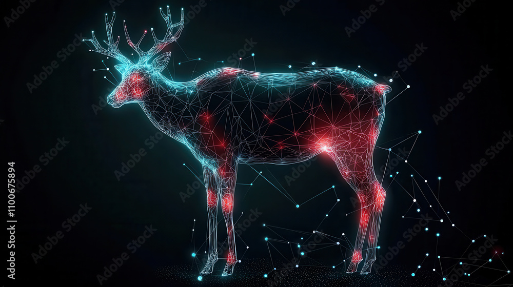 Poster surreal reindeer in futuristic space scene, glowing with neon lights and geometric patterns, creatin