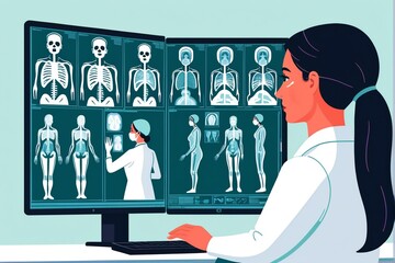 A doctor examines a patient's medical images on a computer screen, while a nurse assists in the examination.