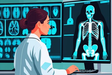 A doctor examines a patient's medical images on a computer screen, while the patient's skeletal structure is displayed on a separate monitor.