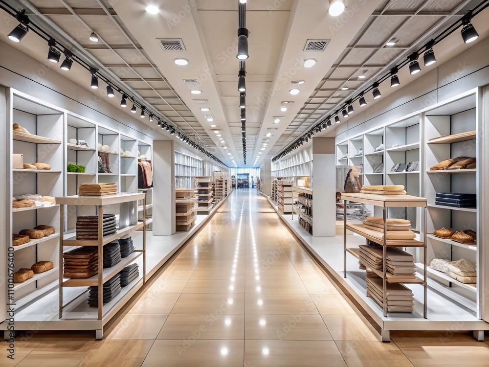 Aufkleber front view of an empty aisle capturing the essence of minimalism and space in a retail environment, 