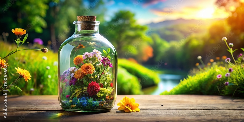 Poster Front View of an Empty Clear Glass Bottle with Double Exposure Effect Featuring Nature Elements for a Creative and Artistic Touch