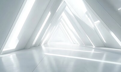 Obraz premium A futuristic, minimalist interior space with triangular shapes and bright lighting.