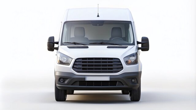 Front View of a White Delivery Van on an Isolated Empty Background for Mockup Purposes, Perfect for Commercial Use and Advertising in Shipping and Delivery Services