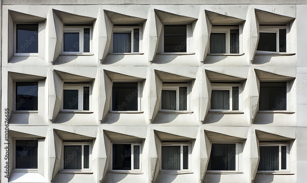 Poster a modern building facade featuring unique, angular window designs.