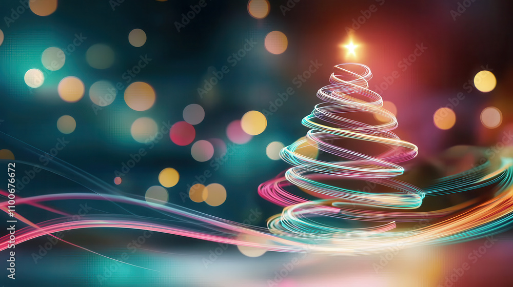 Poster vibrant digital christmas tree design with colorful lights and star. swirling lines and bokeh create