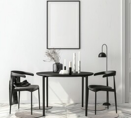 Minimalist dining room interior with a black framed poster. a round table with two chairs. and a white lamp on a wooden floor