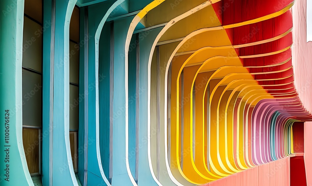 Poster vibrant architectural design featuring colorful curved elements and lines.