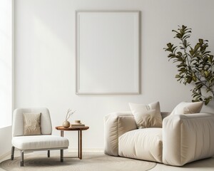 Fototapeta premium Minimalist living room interior with a large blank frame mockup above a white sofa with a throw and a wicker chair