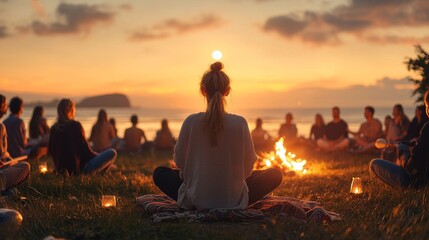 Community drum circle at sunset by the beach bonfire outdoor activity tranquil environment relaxed viewpoint connection and harmony