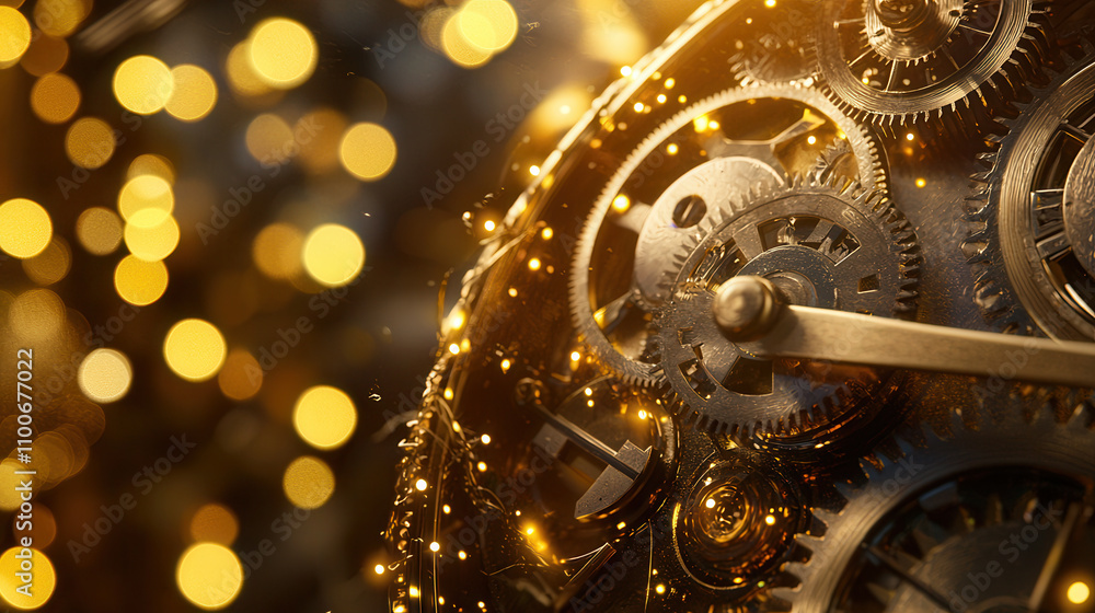 Poster intricate steampunk clock gears with golden bokeh lights create mesmerizing atmosphere. detailed mec
