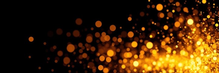Obraz premium Golden sparkles and particles with fluid movement on black background for Christmas and New Year holiday, black background, golden