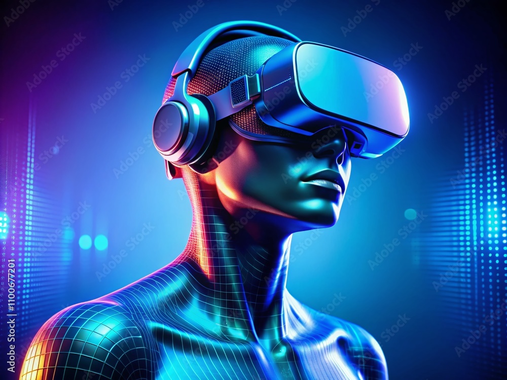 Poster futuristic ai job matching: a blue-skinned figure in virtual reality analyzing job descriptions agai