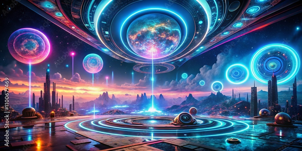 Poster futuristic circle hologram portals in a sci-fi landscape with advanced ui elements, perfect for tech