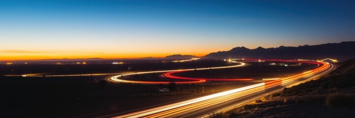 Fototapeta premium Light trails from cars creating an otherworldly glow on desert landscape at dusk, cars, fade