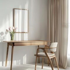 A minimalist home office with a wooden desk. a beige chair. a vase with flowers. and a large empty frame on the wall