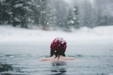 Single person immersed in cold water doing a cold water plunge outdoors in nature for health benefits