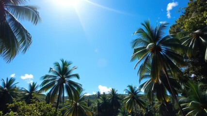 Fototapeta premium Lush palm tree forest in a tropical landscape under clear blue skies during midday sun, foliage, summer