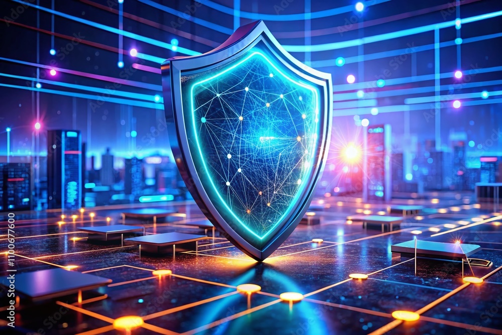 Poster futuristic cybersecurity shield guarding a network of computers against virtual threats in a sci-fi 