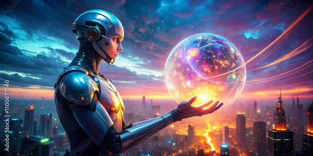 Poster futuristic cyborg holding glowing orb in a double exposure setting, merging technology and nature in