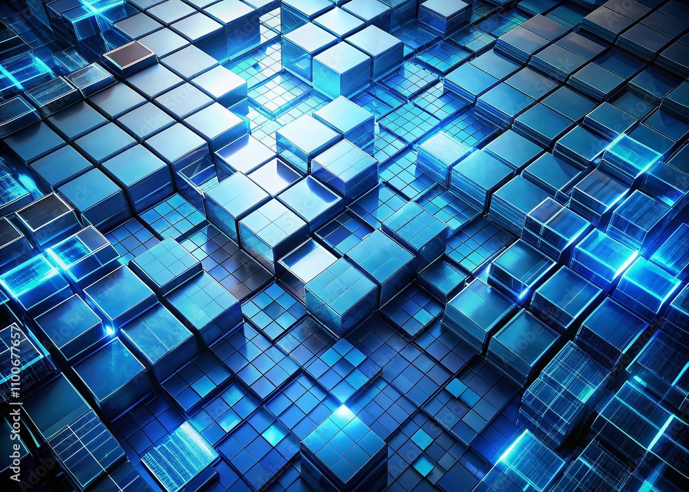 Poster futuristic digital backdrop featuring a grid of blue squares with a gradient from light to dark blue