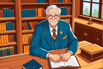 An illustration of an elderly man in a blue suit, sitting at a desk with a book and pen, in front of a bookshelf.