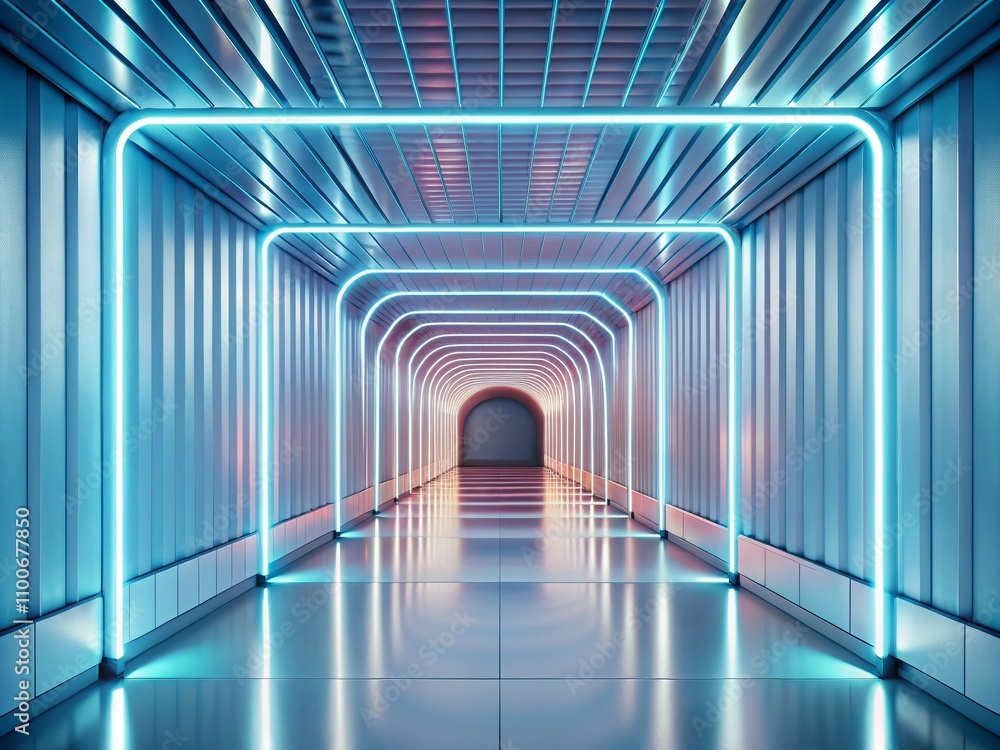Poster futuristic empty white room with neon lights and tunnel architecture, showcasing a box with metal wa