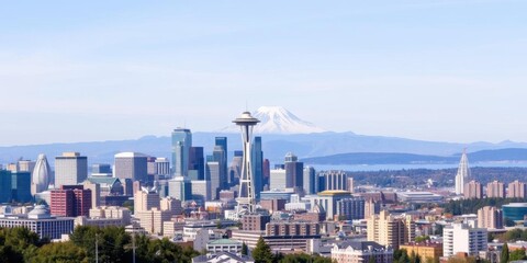 Fototapeta premium Panoramic view of Seattle city skyline with majestic Mount Rainier in the background on a clear day, iconic, city