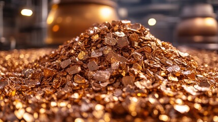 A close-up of a mound of shiny copper flakes, showcasing texture and metallic sheen.