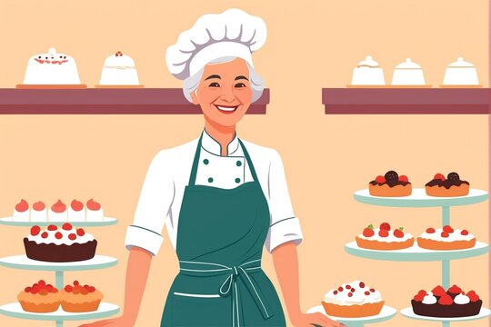 A smiling chef in a green apron and white hat stands in front of a bakery display, surrounded by various cakes and pastries. - Powered by Adobe