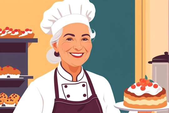 A smiling woman in a chef's uniform holds a cake with cherries, surrounded by baked goods in a bakery setting.