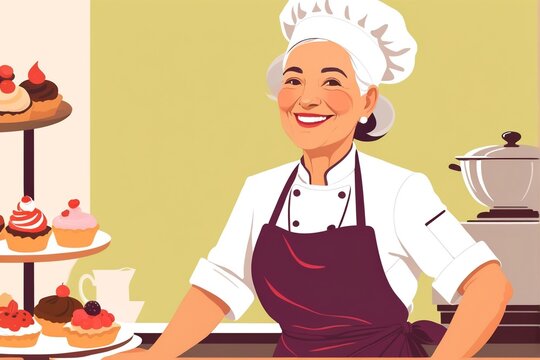 A smiling woman in a chef's hat and apron stands behind a counter, surrounded by baked goods and a pot, in a kitchen setting.