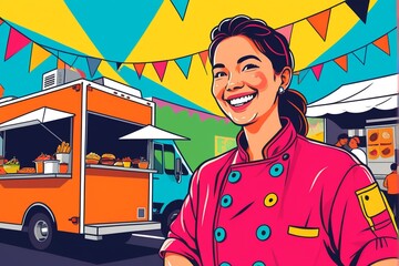 A woman in a chef's coat smiles at the camera, standing in front of a food truck with a colorful background.