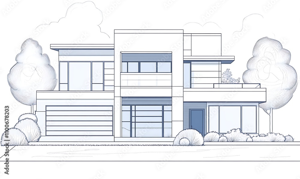 Poster a modern architectural design of a house with clean lines and large windows.