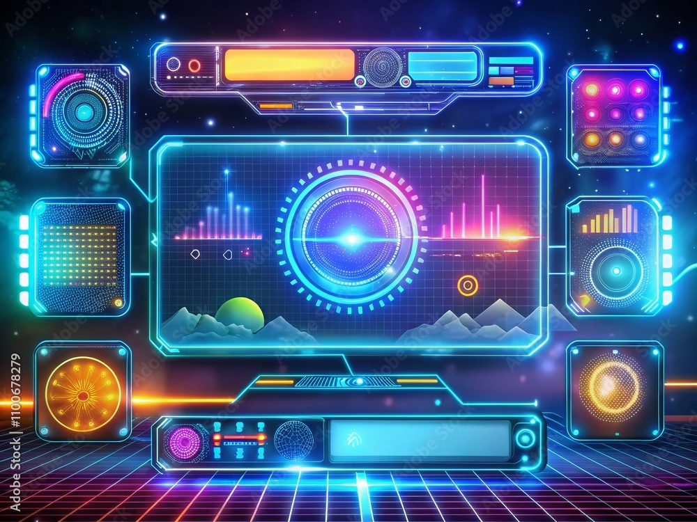 Poster futuristic hud style callouts and digital tech elements for modern user apps and presentations in ne