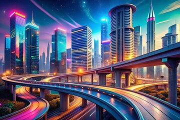Fototapeta premium Futuristic Highway Overpass with Sci-Fi Cityscape and Commercial Office Buildings in 3D Illustration, Showcasing Advanced Urban Architecture and Dynamic Transportation Systems