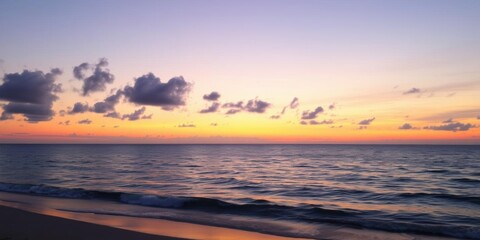 Tranquil beach sunset with soft golden hues reflecting on calm water, nature, calmness