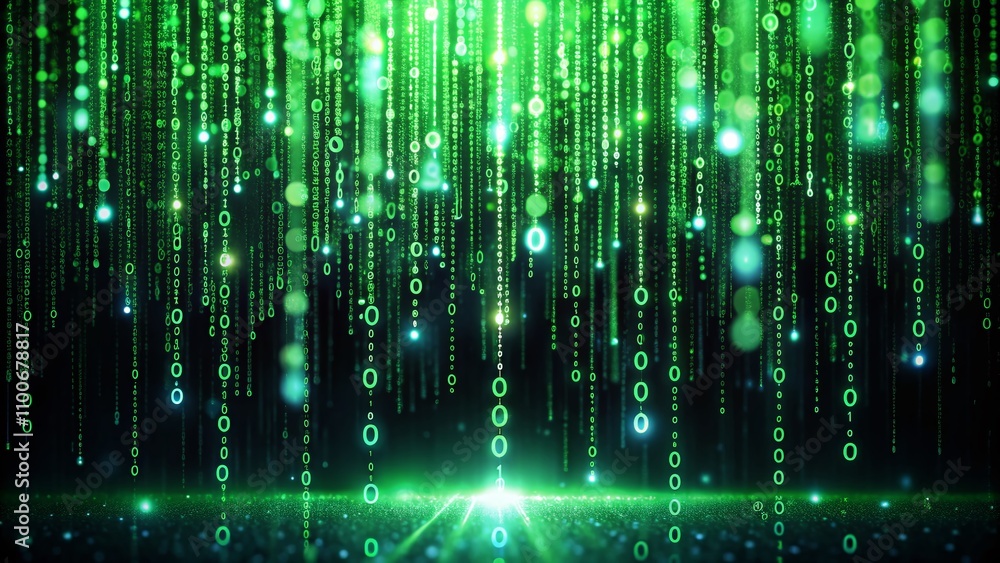 Aufkleber futuristic rain of glowing green binary numbers against dark background, emphasizing digital atmosph