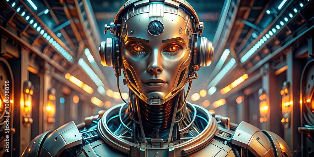 Poster futuristic robot portrait, showcasing advanced technology and human-like features with a unique back