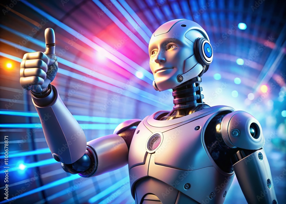 Poster futuristic robot with human-like hand giving a thumbs up in a high-tech environment, showcasing adva