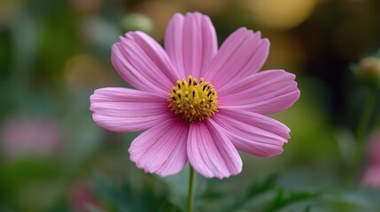 Obraz premium A close-up of a pink flower with yellow center, set against a blurred green background.