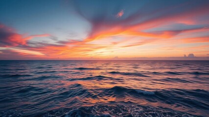 Obraz premium Vibrant red sky sunset reflecting over calm sea with fluffy red clouds, sea, landscape