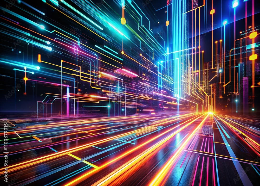 Poster futuristic technology background featuring long exposure circuits and neon lights, illustrating the 